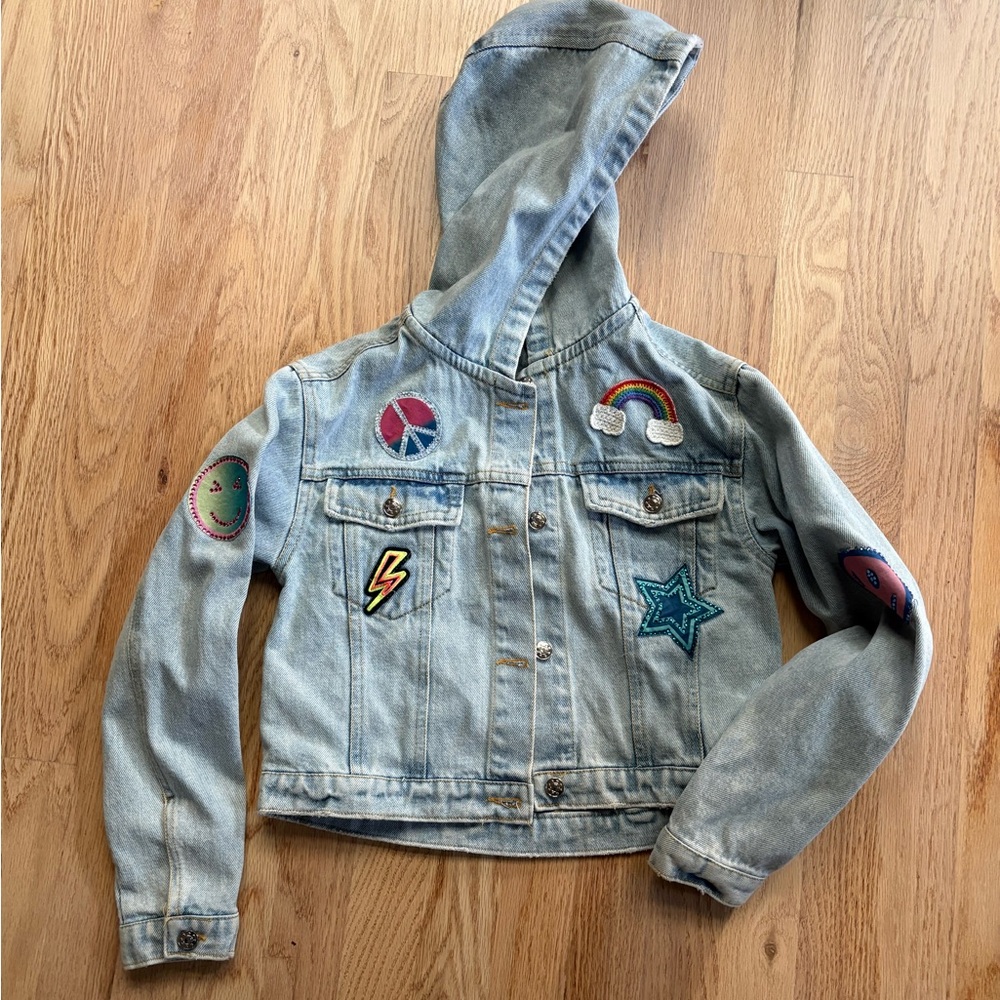 Hannah Banana Denim Jacket Light Wash Girls 12 Bright Bling Patches Embroidered